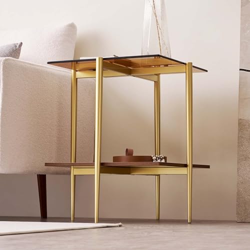 LumFurn Square Glass End Table, Mid-Century Modern Side Table for Living Room, L18xW18xH23inch, Clear Glass and Walnut MDF Wood, Gold Finish Frame - color: L18" Amber & Walnut