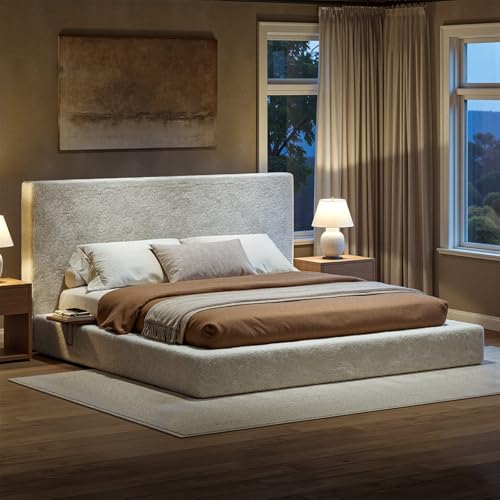 Evermagin White King Upholstered Cloud Bed Frame with Headboard | Soft Frame Cloud Bed with 2 Tray Tables, Modern Platform Cushion Bed Frame for Bedroom, No Box Spring Required Easy Assembly - size: King