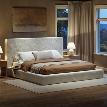 Evermagin White King Upholstered Cloud Bed Frame with Headboard | Soft Frame Cloud Bed with 2 Tray Tables, Modern Platform Cushion Bed Frame for Bedroom, No Box Spring Required Easy Assembly - size: King