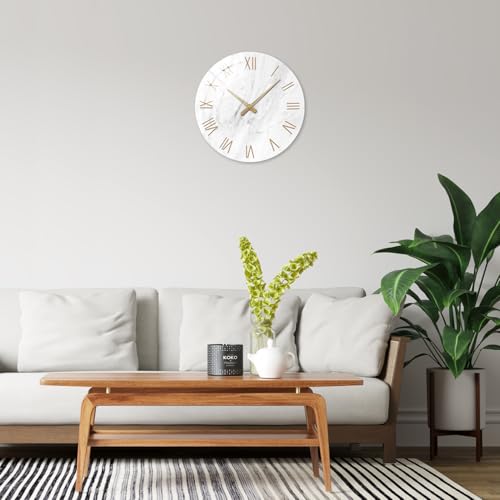 White Small Wall Clocks Battery Operated 12 Inch | Analog Marble Analog Clock for Bedroom Living Room Kitchen Office Round Silent Wall Clock Modern - color: White, size: 12 Inch