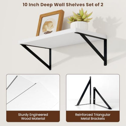 Deep Floating Shelves, 18'' x 10'' White Wall Shelves Set of 2 | 10 Inch Deep Shelves with Heavy Duty Brackets, Rustic Wood Shelves for Bathroom Living Room, Engineered Wood, 30LBS - color: White, size: 18W x 10D
