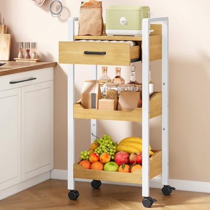 Hoctieon 3-Tier Rolling Storage Cart with Drawer, Rolling Utility Cart Organizer, Mobile Shelving Unit with Wheels, Metal Frame, Kitchen Utility Cart for Small Space, Office, Bathroom, Oak Beige - color: Oak Beige