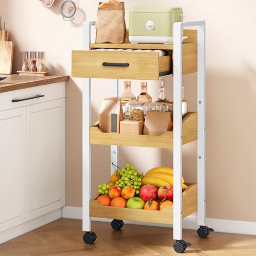 Hoctieon 3-Tier Rolling Storage Cart with Drawer, Rolling Utility Cart Organizer, Mobile Shelving Unit with Wheels, Metal Frame, Kitchen Utility Cart for Small Space, Office, Bathroom, Oak Beige - color: Oak Beige