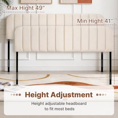 Upholstered Headboard Adjustable Height Queen/King Headboard Velvet Tufted Modern Headboards Easy Assemble Channel Stitched Headboard(Cream Queen) - color: Cream, size: Queen