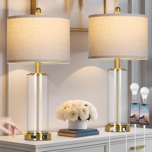 26" Gold Glass Table Lamps Set of 2, 3-Way Dimmable Touch Control Living Room Lamp with USB C+A Ports & AC Outlet, Modern Bedside Lamps, Elegant Bedroom Lamps for Nightstand Side End Table Desk - color: Gold