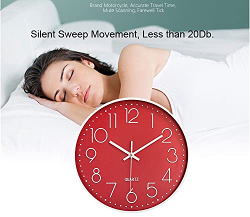 12 in Wall Clock Non-Ticking Quartz Silent Battery Operated Round Clocks Home Kitchen Office School Living Room Decor Clocks (Red) - color: Red