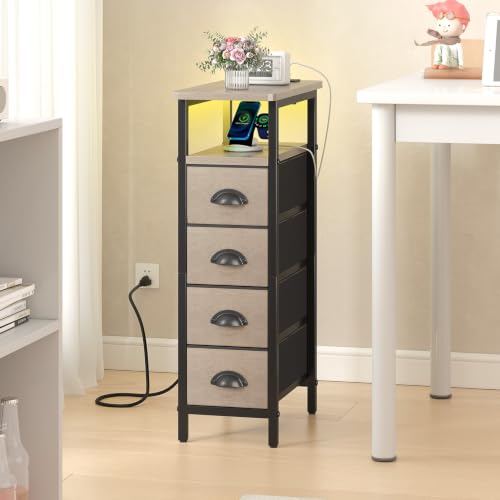 sthmec Nightstand Set 2 with Charging Station, Narrow End Table Set of 2 with 4 Drawers, LED Side Table with Fabric Drawers,Slim Sofa Couch Tables for Small Spaces,Living Room,Bedroom, Grey - color: Grey, style: Power & LED