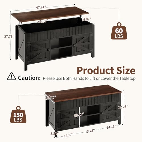 47.3" Lift Top Coffee Table with Storage - Black Coffee Tables for Living Room, Farmhouse Wood Center Table, Large Rectangle Middle Tables with Hidden Compartment & Adjustable Shelf - color: Black