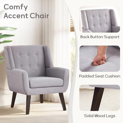 HUIMO Accent Chair for Living Room,Upholstered Button Linen Armchair Chair | Mid Century Modern Tufted Armchair with Fabric,Comfy Arm Chairs for Club Living Room Reading Bedroom,Waiting Room Light Grey - color: Light Grey