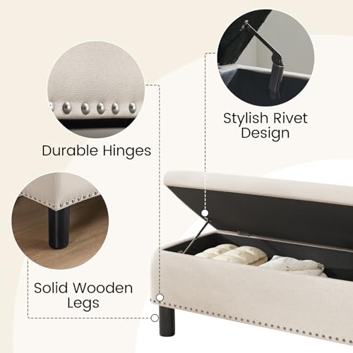 Large Storage Ottoman, Beige, Wood Frame, Linen Fabric, 285 Lbs Capacity - color: Beige