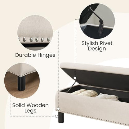 Large Storage Ottoman, Beige, Wood Frame, Linen Fabric, 285 Lbs Capacity - color: Beige