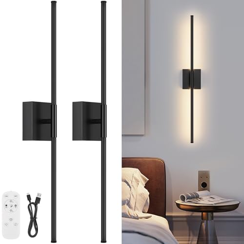 Battery Operated Wall Sconce Set of Two with Remote Control, 3000K-6000K Dimmable Black Wall Lights, Timable LED Wireless Wall Sconces, 350° Ratate for Bathroom, Living Room, Hallway 29.1 Inch - color: Black, size: 29.1in(2 Pack)