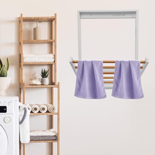 Wall Mounted Clothes Drying Rack, Folding Laundry Drying Rack with 5 Wooden Rods, 11LBS Capacity Retractable Clothes Airer for Bathroom Laundry Room Balcony