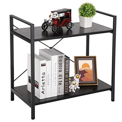 Nouva Small Bookshelf for Small Space 2 Tier Industrial Bookcase Wood and Metal Bookshelves Open Shelf for Bedroom, Living Room, Office, Kitchen, Dark Gray Oak