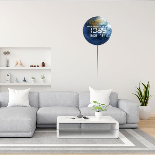 Digital Wall Clock, LED Moon/Earth Design, Temperature Display, 7.87 x 7.87 inches (Earth, 12.59 INCH) - color: Earth, size: 12.59 INCH