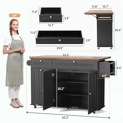 60" Kitchen Island with Power Outlet & Drop Leaf, Rolling Island with Spice Rack & Towel Rack, Kitchen Island Cart with Trash Storage Cabinet, Island Table for Kitchen, Black+Rustic Brown - color: Black+rustic Brown