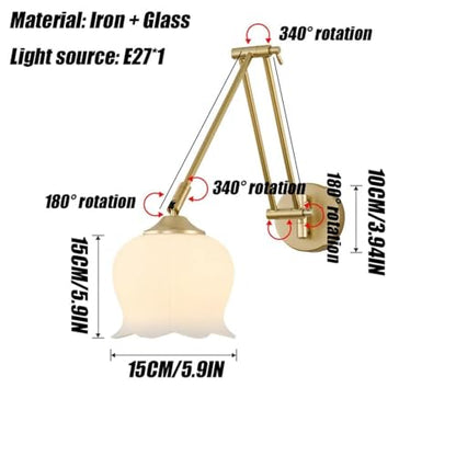 Gold Long Swing arm Iron Wall lamp Background Flower-Shaped Glass Bedside Decorative with E27 Base Suitable for Living Room, Dining, loft and Kitchen Oldsix-66