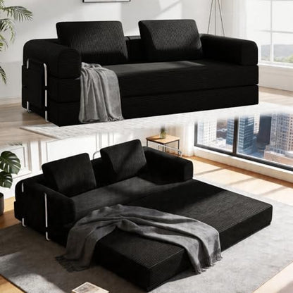 78" Convertible Sofa Bed, Corduroy Pull Out Couch with Fixed Frame & Pocket | 5-in-1 Boneless Sleeper Sofa, Couch Bed with 2 Pillows, Living Room, Small Spaces, Bedroom, No Assembly - color: 78''black