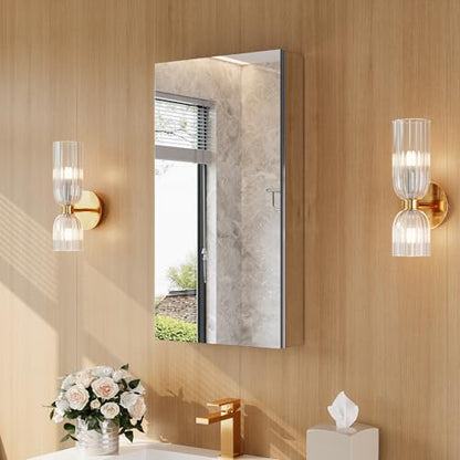 16" x 30" Bathroom Medicine Cabinet with Mirror, Recessed or Wall Mount | Medicine Cabinets with Adjustable Glass Shelves, Soft-Closed Hinge, Chrome Aluminum Frame, Reverse Installation - size: 16" x 30"