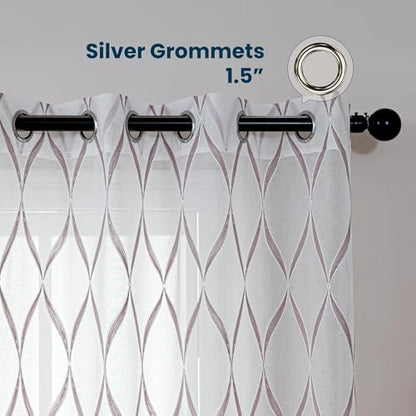 SLEEP ZONE Sheer Curtains for Living Room and Bedroom, Embroidered Sheer Curtains White Sheer Curtain 42 × 84 inches Long of 2 Panels, Off-White Waves - color: White Waves, size: 42"W×84"L