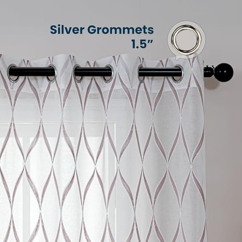 SLEEP ZONE Sheer Curtains for Living Room and Bedroom, Embroidered Sheer Curtains White Sheer Curtain 52 × 63 inch Length of 2 Panels, Off-White Waves - color: White Waves, size: 52"W×63"L