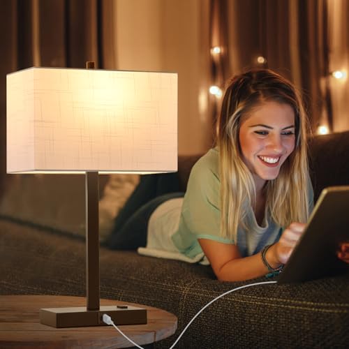 21" Touch Bedside lamps with 2 USB & AC Outlets, 3-Way Dimmable Bedside Table Lamps Set of 2 for Bedroom Living Room Office Reading, White Shade Lamps for Night Stands, 2700K LED Bulbs Included - color: (2 Pack)White Linen & Brown (Base)-2700K Bulbs Inclu