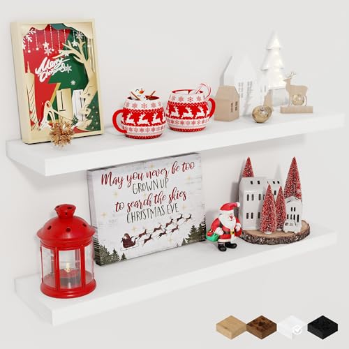 Fun Memories Floating Shelves for Wall, 27.5" Rustic Wood Deep Wall Mounted Shelves with Invisible Brackets for Decor & Storage, Floating Shelf for Living Room, Bathroom (White, Set of 2) - color: White, size: 27.5"W x 6.5"D, 2Packs