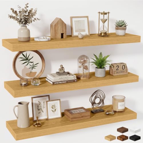 Fun Memories Floating Shelves Set of 3, 40 Inch Long Wooden Wall Shelves, 10 Inch Deep Wall Mounted Storage Shelf with Metal Brackets for Living Room, Bathroom, Bedroom and Kitchen, Oak - color: Natural Oak, size: 40W x 10D x 1.5H