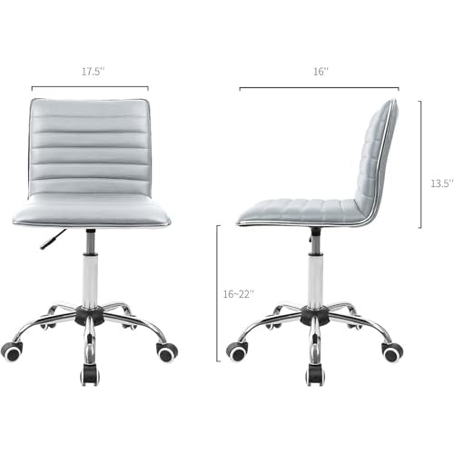 JUMMICO Armless Vanity Office Chair with Wheels, Small Cute Makeup Desk Chair Ribbed Leather Swivel Computer Task Chair (Light Gray) - color: Light Gray