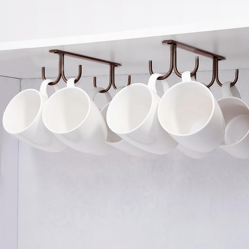 FOMANSH Mug Rack Under Cabinet - Coffee Cup Holder, 8 Mugs Hooks Under Shelf, Display Hanging Cups Drying Hook for Bar Kitchen Utensils Brown - color: Brown, size: 2 Pack