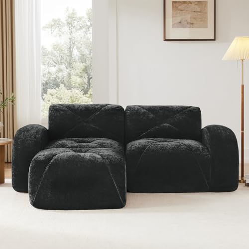 Black Loveseat Sectional Couches for Living Room, Velvet Fabric Boneless Couch, No Assembly Cloud Modular Sectional Sofa Love Seat with 1 Ottoman, Foam Couch Compressed Sofa Set, Sofas para Sala - color: Black, size: 2 Seater + 1 Ottoman