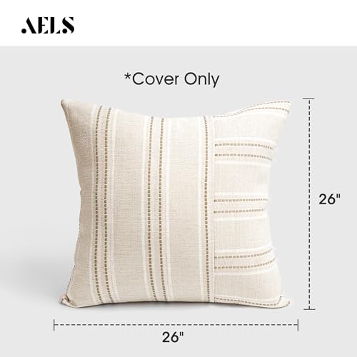 26x26 Decorative Farmhouse Linen Throw Pillow Covers, Boho Textured Pillow Case, Set of 2, Beige with White & Brown Stripe Patchwork Cushion Cover for Sofa Couch Living Room (Cover ONLY)