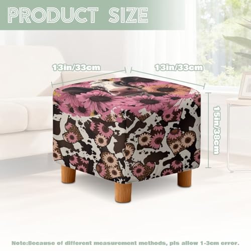 Pink Cow Daisy Print Stretch Ottoman Cover Square Fit 13x13x15 inch Easy to Install Footrest Sofa Slipcovers Stool Cover Footstool Protector Covers - color: Pink Cow Daisy
