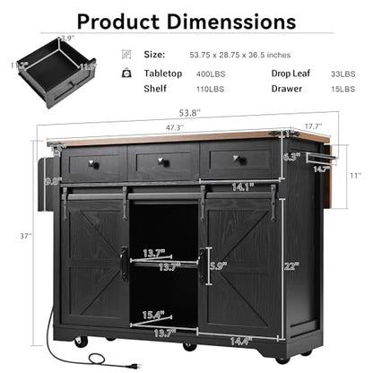 53.7" Kitchen Island with Drop Leaf & Power Outlet, Rolling Kitchen Island Cart On Wheels with 2 Sliding Barn Door, Kitchen Island Table with Storage, for Kitchen, Dining Room (Black) - color: Black