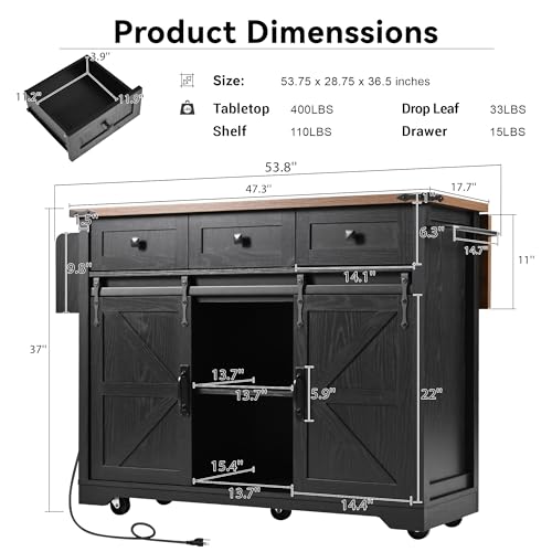 53.7" Kitchen Island with Drop Leaf & Power Outlet, Rolling Kitchen Island Cart On Wheels with 2 Sliding Barn Door, Kitchen Island Table with Storage, for Kitchen, Dining Room (Black) - color: Black