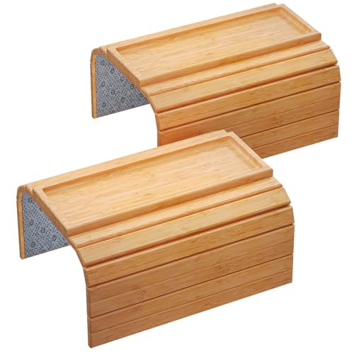 2 Pack Bamboo Folding Sofa Arm Tray with Anti-Slip Pad (Natural) | Couch Armrest Tray,Foldable Build, Space-Saving Storage, No Assembly, easy to clean, universal arm fit,Gift box - color: Natural