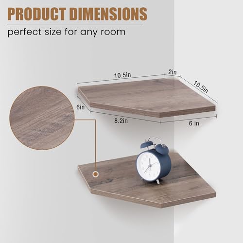 Fun Memories Corner Shelf Wall Mount, Floating Corner Shelves, Set of 2 Corner Wall Shelf Organizer, Rustic Wood Wall Storage Display Shelves for Living Room Bedroom Bathroom Kitchen, Rustic Grey - color: Grey, size: 10.5" x 10.5", Set of 2