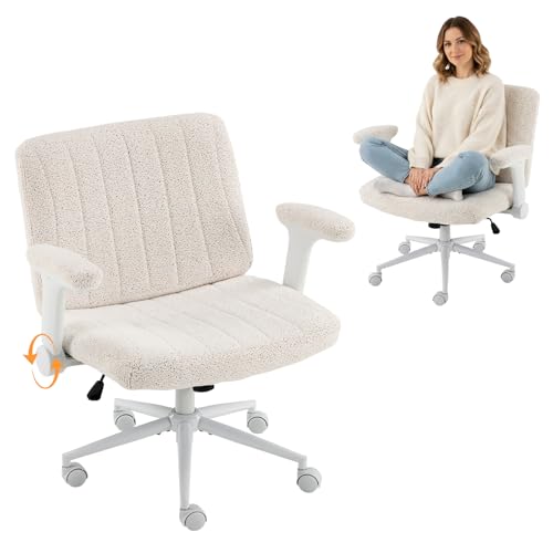 VINGLI Criss Cross Chair with Adjustable Flip-Up Arms,Cross Legged Chair with Wheels,Extra Wide Office Chair,Desk Chair for Home Office,Vanity,Bedroom, Apartment,Starry Chenille,White - color: White
