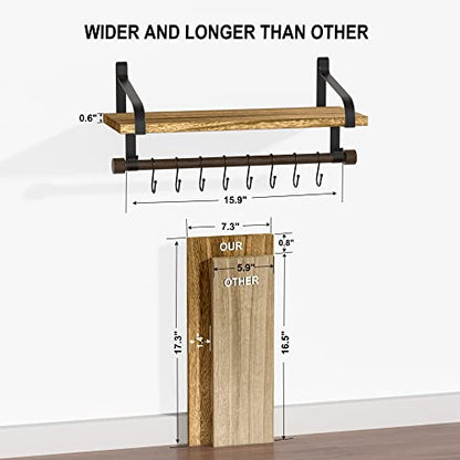 Love-KANKEI 17.3"Floating Wall Shelves Set of 2,Solid Wood,Carbonized Black | Coffee Bar,Spice Rack,Towel Bar/8 Hooks,39 Lbs/shelf,Easy to Install,For Kitchen,Bathroom,Living Room,Bedroom,Office,Entryway - color: Carbonized Black