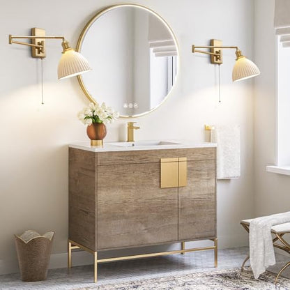 1-Light Bathroom Wall Sconce Modern Farmhouse Gold Swing Arm Wall Sconce Milk Glass Wall Lamp with Pull Chain Single Brushed Brass Wall Mount Light Hardwired Wall Light Fixtures MWL14D-1 - color: D-1Pack