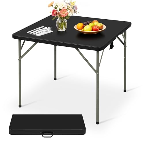 34" Folding Card Table, Heavy Duty Plastic Square Table - Portable Fold-in-Half w/Handle & Lock for Camping, BBQ, Party, Events, Black - size: 34‘’-Black