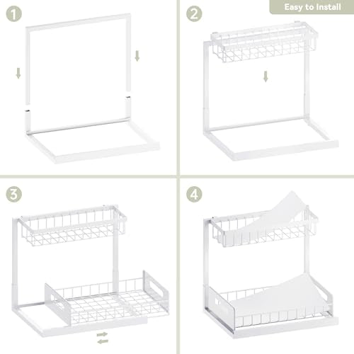 Under Kitchen Sink Organizer 2 Tier, Pull Out Bathroom Sink Organizers and Storage, Cabinet Kitchen Bathroom Storage Organization Shelf, 2 Pack White