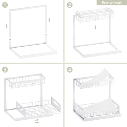 Under Kitchen Sink Organizer 2 Tier, Pull Out Bathroom Sink Organizers and Storage, Cabinet Kitchen Bathroom Storage Organization Shelf, 2 Pack White