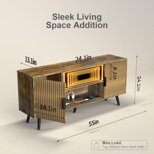 Lightdot 55" Fluted Small Amber TV Stand with Outlet & Fireplace Light | Media Console with Storage, Mid Century Cabinet Fits 55-65" TV, for Living Room/Bedroom/Sofa Cabinet,Easy Assembly - color: Amber-mirror/55"