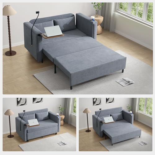 Pull Out Sofa Bed, 2-in-1 Multi-Functional Sleeper Couch Small Loveseat Bed with Hidden Side Table, Phone Holder and Cup Holder for Living Room, Small Space, Apartment (Grey) - color: 2-in-1 Grey 2 Seater