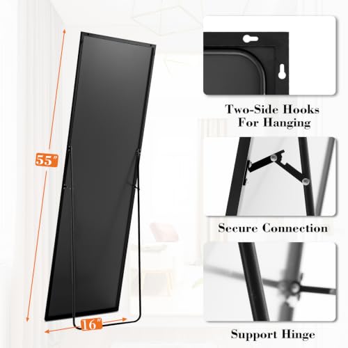 Sweetcrispy 55"x16" Full Length Mirror, Standing Full Body Mirror, Black | Aluminum Alloy Thin Frame, Floor or Standing, Suitable for Bedroom, Living Room, Cloakroom - color: Black-rectangle, size: 55"L x 16"W