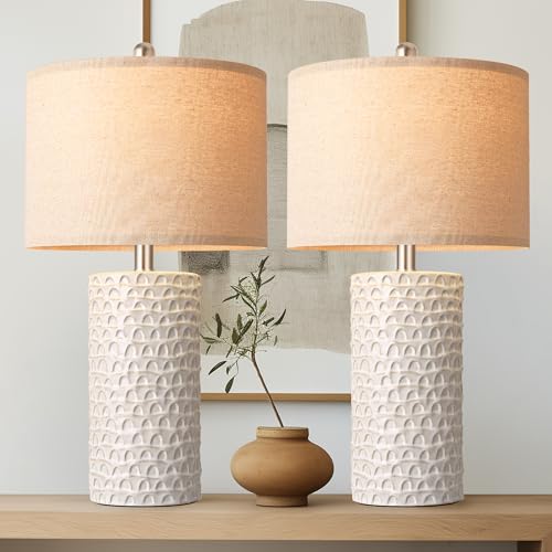 23" Modern Ceramic Table Lamp Set of 2, Table Lamps for Living Room, Rustic Farmhouse Bedside Lamps Nightstand lamp for Bedroom, White Desk Lamp for End Table Home Decor Beige - color: Beige and White