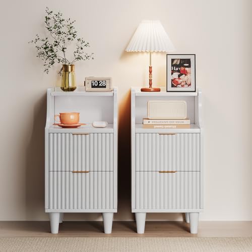 Narrow Nightstand Set of 2,11.8" Fluted Bedside Table Set of 2, Slim Side End Table with 2 Drawers, Wooden Bedside Table, White Wood Night Stand for Bedroom Livingroom Sofa Office - color: White,11.8" With 2 Drawers