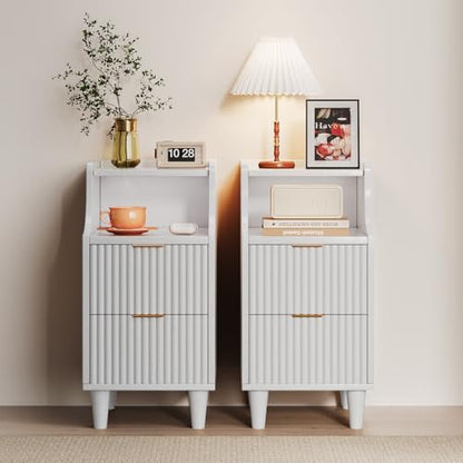 Narrow Nightstand Set of 2,11.8" Fluted Bedside Table Set of 2, Slim Side End Table with 2 Drawers, Wooden Bedside Table, White Wood Night Stand for Bedroom Livingroom Sofa Office - color: White,11.8" With 2 Drawers