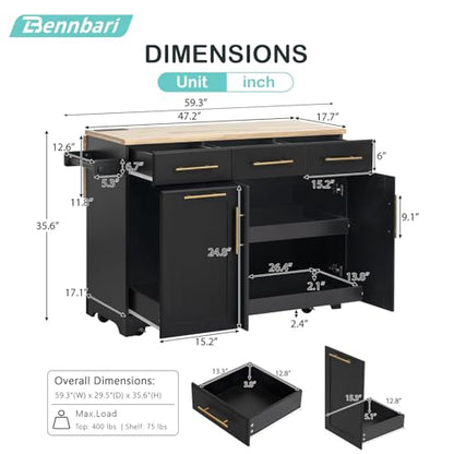 59.3" Rolling Kitchen Island with Trash Can Storage, Mobile Kitchen Storage Island with Drop Leaf, Power Outlet, Pull Out Cabinet Organizer (Black) - color: Black
